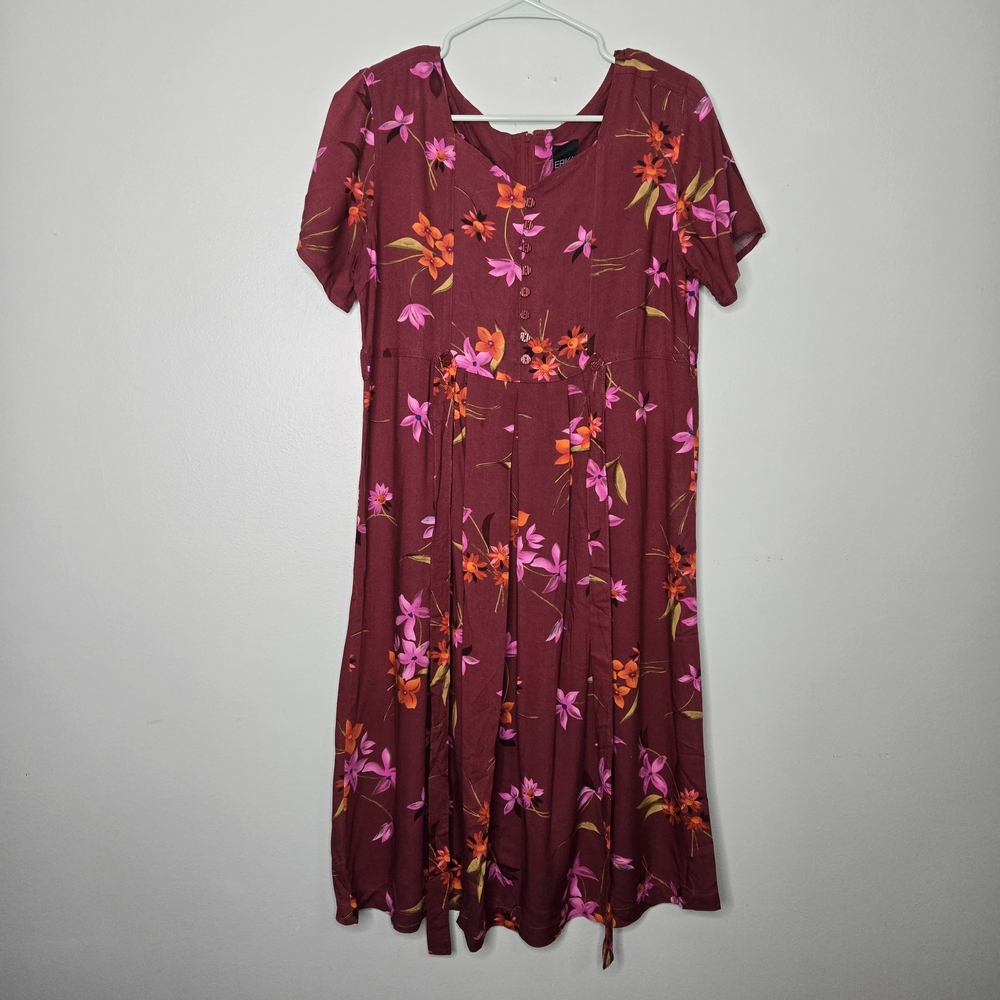 Erika Red Burgundy Floral Dress Vintage PM